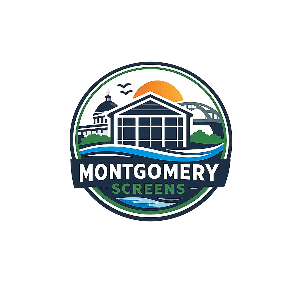 Montgomery Screens logo with screened porch, bridge, dome, sun, and water waves